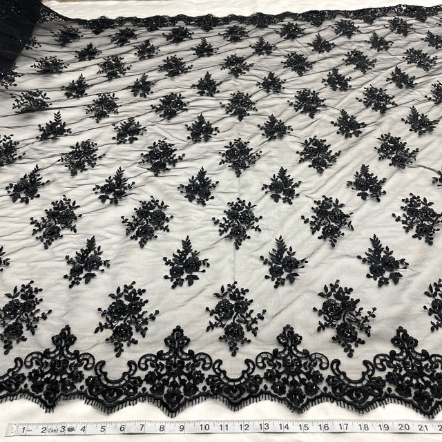 Beaded Embroidered Lace Black Mesh