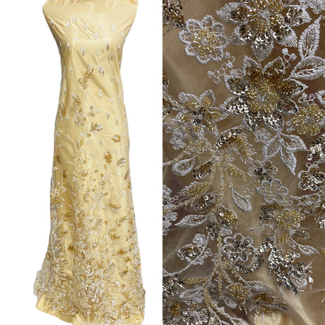 1 Yard Ivory Beaded and Sequined Lace Fabric Embroidered on 100 Percent Polyester Net Mesh 54 Inch Width