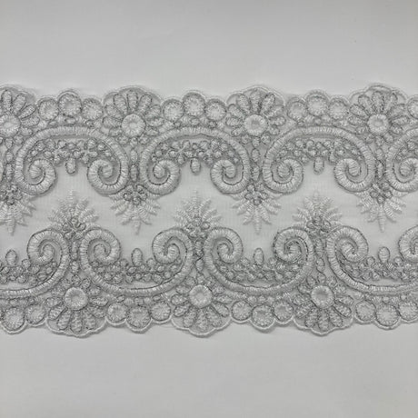 Corded Double Sided Lace Trimming Polyester Fabric - Embroidered Net Mesh, 6.5" Width (1 Yard)