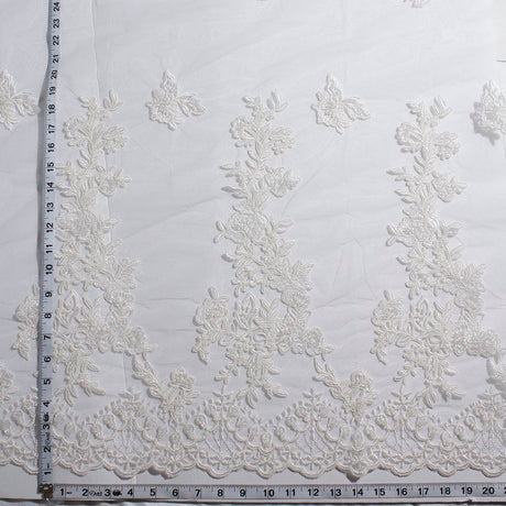 1 Yard Beaded and Corded Bridal Lace Fabric Embroidered on Polyester Net Mesh