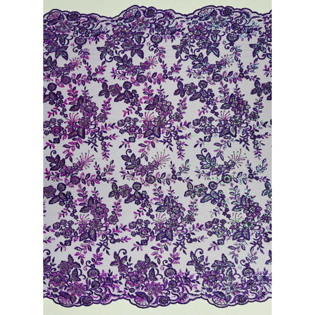 Beaded Sequined Sparkling Floral Lace Fabric - Floral Scalloped Edges, 51" Width (1 Yard)