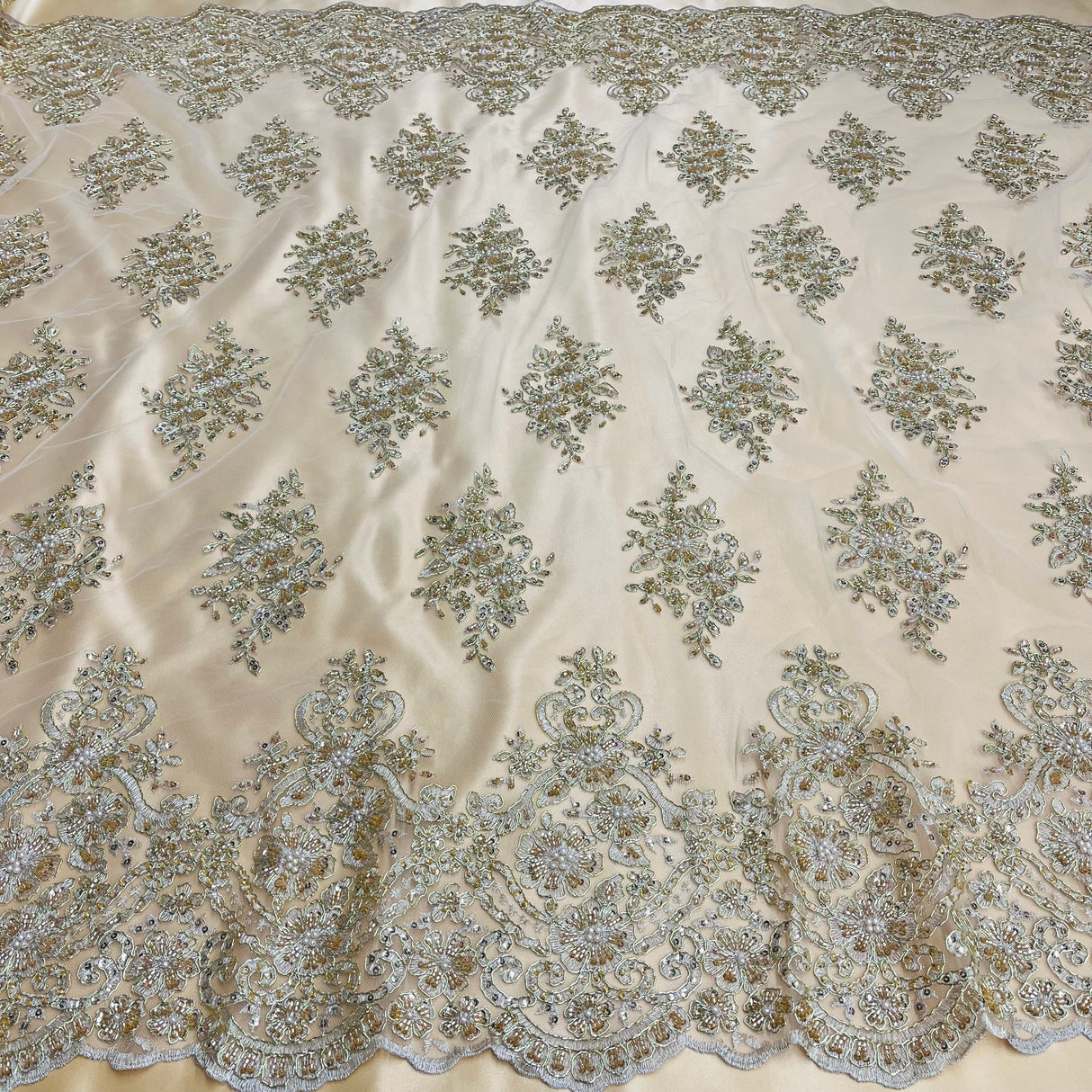 Beaded Corded Lace Fabric - Scalloped Embroidered Metallic Lace, 54" Width (1 Yard)