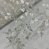 1 Yard Ivory with Silver Beaded 3D Floral Lace Fabric Embroidered on Polyester Net Mesh 54 Inch Width