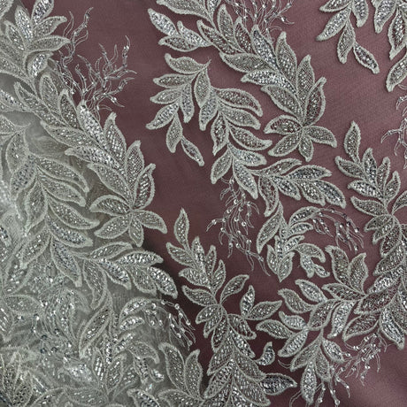 Beaded Lace Fabric Embroidered On 100 Percent Polyester Net Mesh - White, Ivory, Antique Silver, 54" Width (1 Yard)