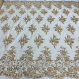 1 Yard Beaded and Corded Bridal Lace Fabric Embroidered on Polyester Net Mesh