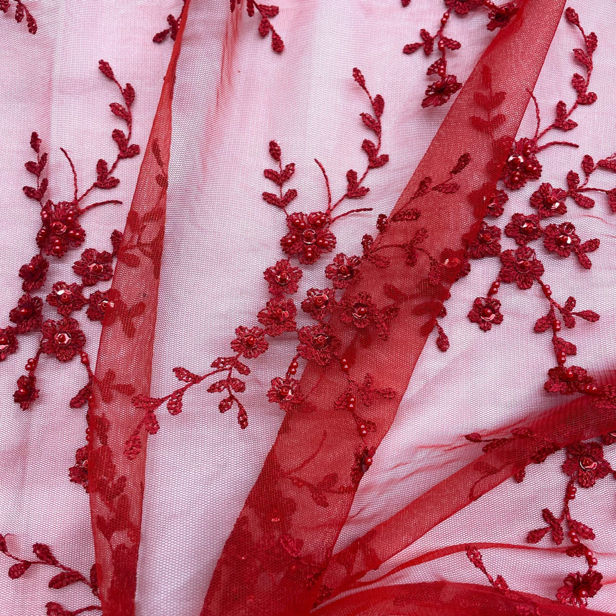 Beaded Lace Fabric on Polyester Net Mesh 54"