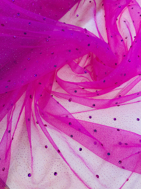 1 Yard Glitter Mesh Fabric with Scattered Rhinestones | 60" Wide | 2 Way Stretch Sparkle Mesh for Gowns, Bridal Wear & Costumes