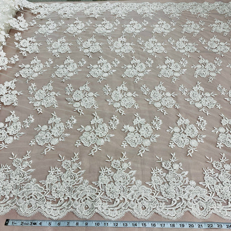1 Yard Stunning Beaded and Corded Bridal Lace Fabric Embroidered on 100% Polyester Net Mesh White