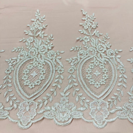 Corded Lace Trimming Embroidered On 100 Percent Polyester Net Mesh Fabric - Gold, Silver, Ivory With Silver, Ivory, White, 13" Width (1 Yard)