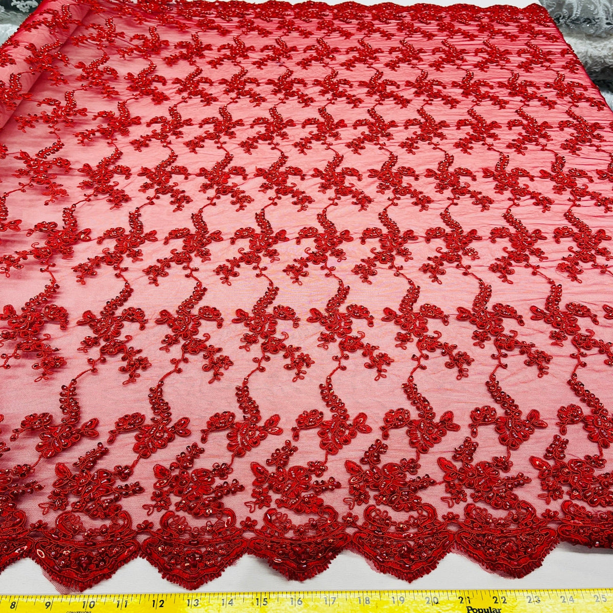 1 Yard Beaded & Corded Lace Fabric Embroidered on 100% Polyester Net Mesh 54" Wide