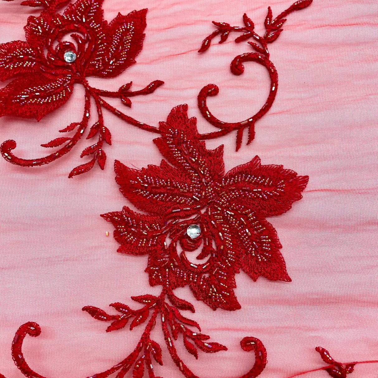 Beaded Sequined Lace Fabric Red