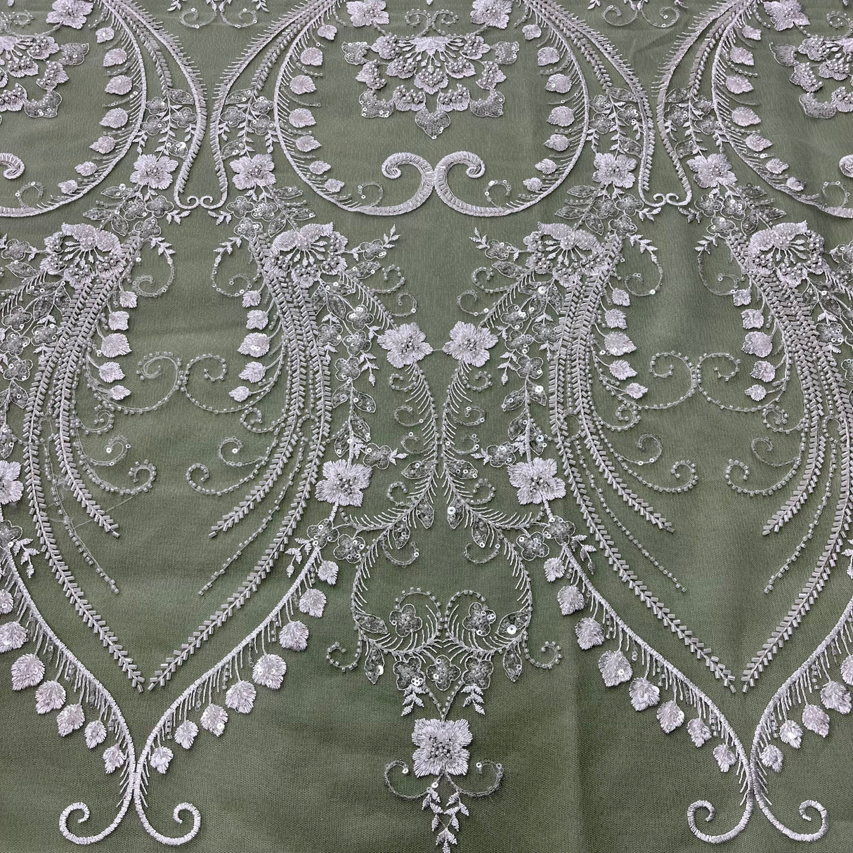 Beaded Lace Fabric Embroidered On 100 Percent Polyester Net Mesh - White, Ivory, Antique Silver, 51" Width (1 Yard)
