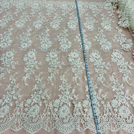 Beaded Corded Bridal Lace Ivory Mesh