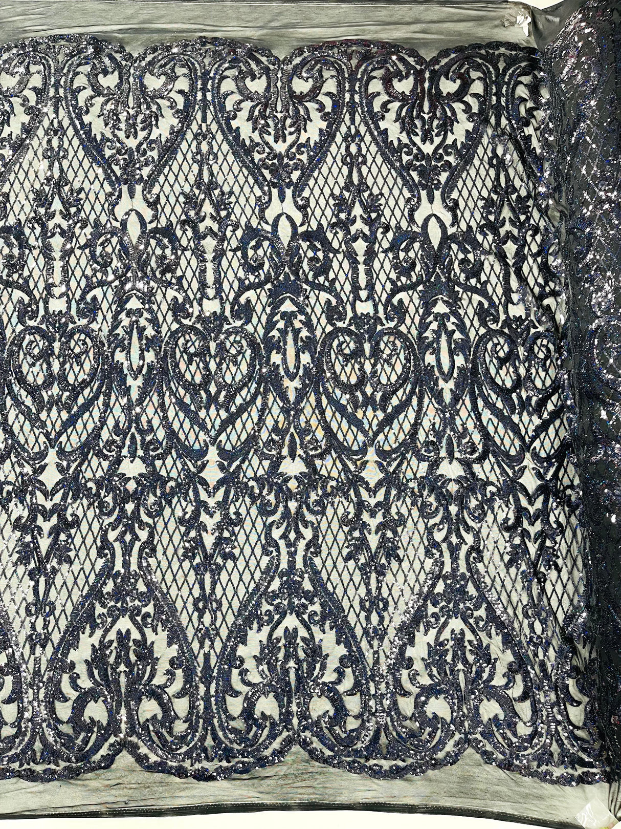 Heart Sequin Damask Polyester Fabric - Heart Damask, Iridescent Sequins, 54" Width (1 Yard)