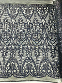 Heart Sequin Damask Polyester Fabric - Heart Damask, Iridescent Sequins, 54" Width (1 Yard)