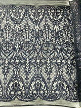Heart Sequin Damask Polyester Fabric - Heart Damask, Iridescent Sequins, 54" Width (1 Yard)