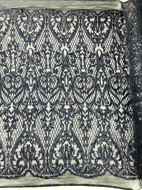 Heart Sequin Damask Polyester Fabric - Heart Damask, Iridescent Sequins, 54" Width (1 Yard)