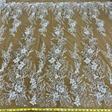 Beaded Lace Fabric Embroidered On 100 Percent Polyester Net Mesh - White, Ivory, Antique Silver, 54" Width (1 Yard)