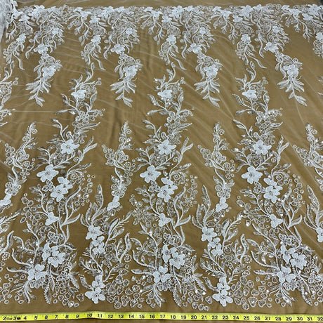 Beaded Lace Fabric Embroidered On 100 Percent Polyester Net Mesh - White, Ivory, Antique Silver, 54" Width (1 Yard)