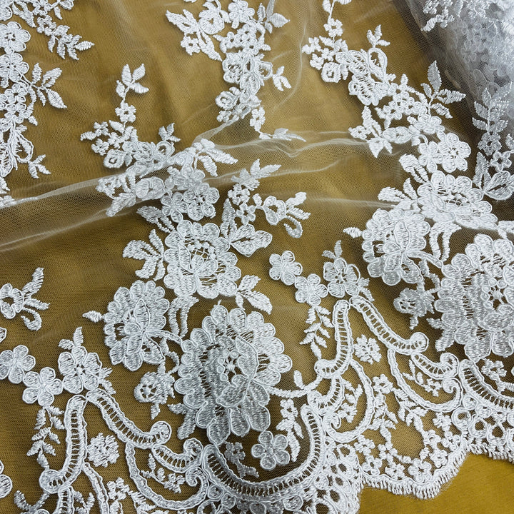 1 Yard Elegant Corded Bridal Lace Fabric with Floral Embroidery White