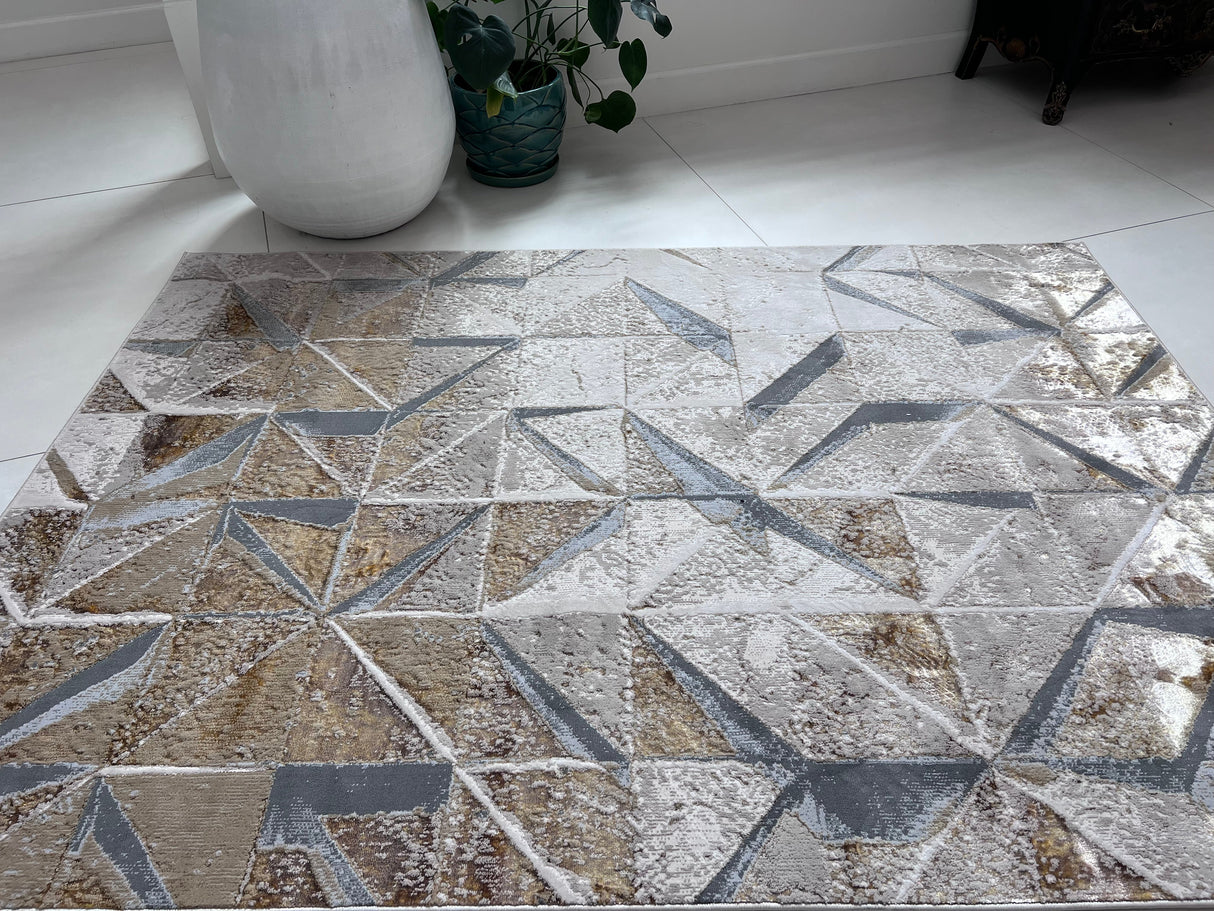 Maximus 242 Polyester Viscose Blend Fabric - Silver With Gold Geometric Design, Color-Changing Flat Weave, 10' X 13' (1 Rug)