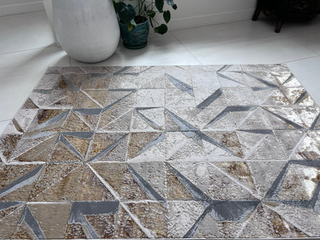 Maximus 242 Polyester Viscose Blend Fabric - Silver With Gold Geometric Design, Color-Changing Flat Weave, 10' X 13' (1 Rug)