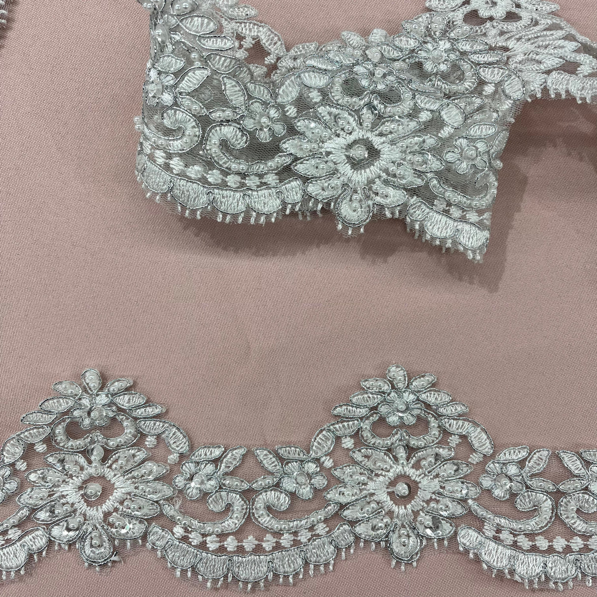 Beaded & Corded Lace Trimming Embroidered On 100% Polyester Net Mesh Fabric - White, Ivory, White/Silver, Ivory/Silver, 3" Width (1 Yard)