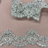 Beaded & Corded Lace Trimming Embroidered On 100% Polyester Net Mesh Fabric - White, Ivory, White/Silver, Ivory/Silver, 3" Width (1 Yard)