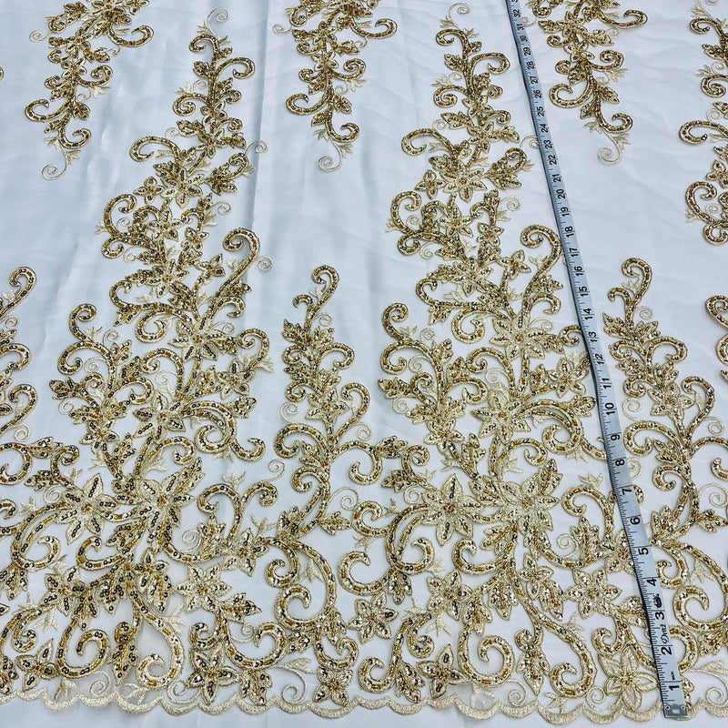 1 Yard Beaded Corded Bridal Lace Fabric, Embroidered on 100% Polyester Net Mesh
