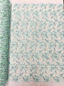 Estrella Corded Flowers Embroider With Sequins Mesh Lace Fabric - Floral Embroidered, Double Scallop, 50-54" Width, 36" Length (1 Yard)