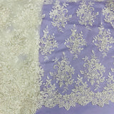 1 Yard Premium Beaded and Corded Bridal Lace Fabric Embroidered on 100% Polyester Net Mesh White