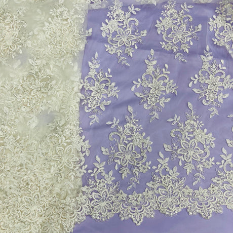 1 Yard Premium Beaded and Corded Bridal Lace Fabric Embroidered on 100% Polyester Net Mesh White