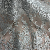 1 Yard Silver Corded Bridal Lace Fabric Embroidered on Polyester Net Mesh Elegant Floral 50 Inch Width