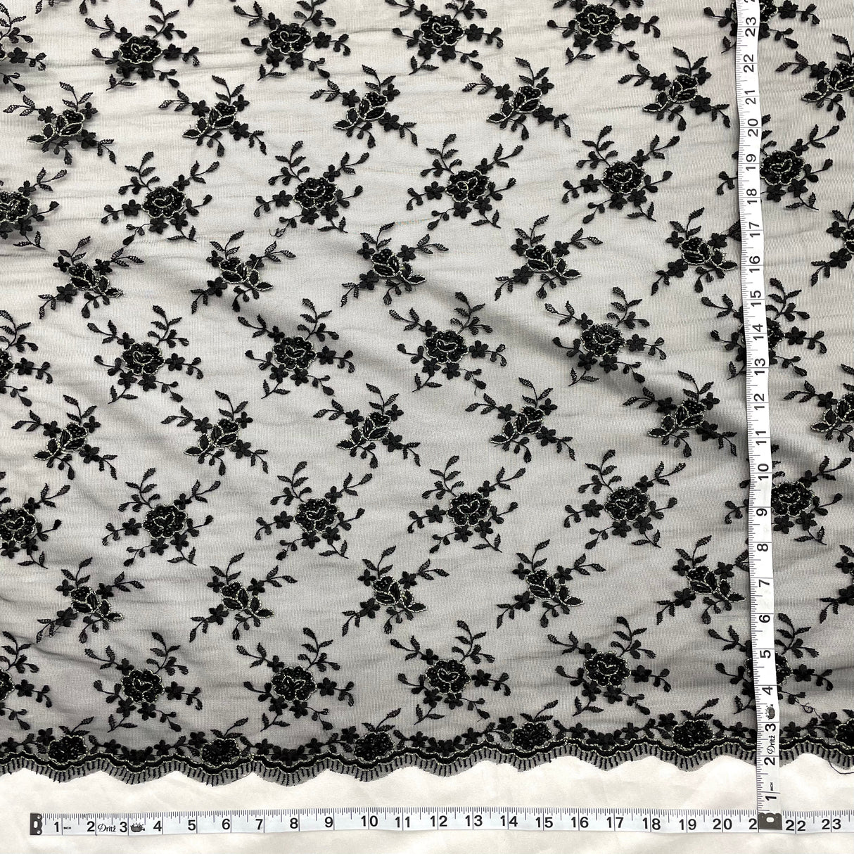 Beaded Lace Fabric on Polyester Net Mesh Black 50"