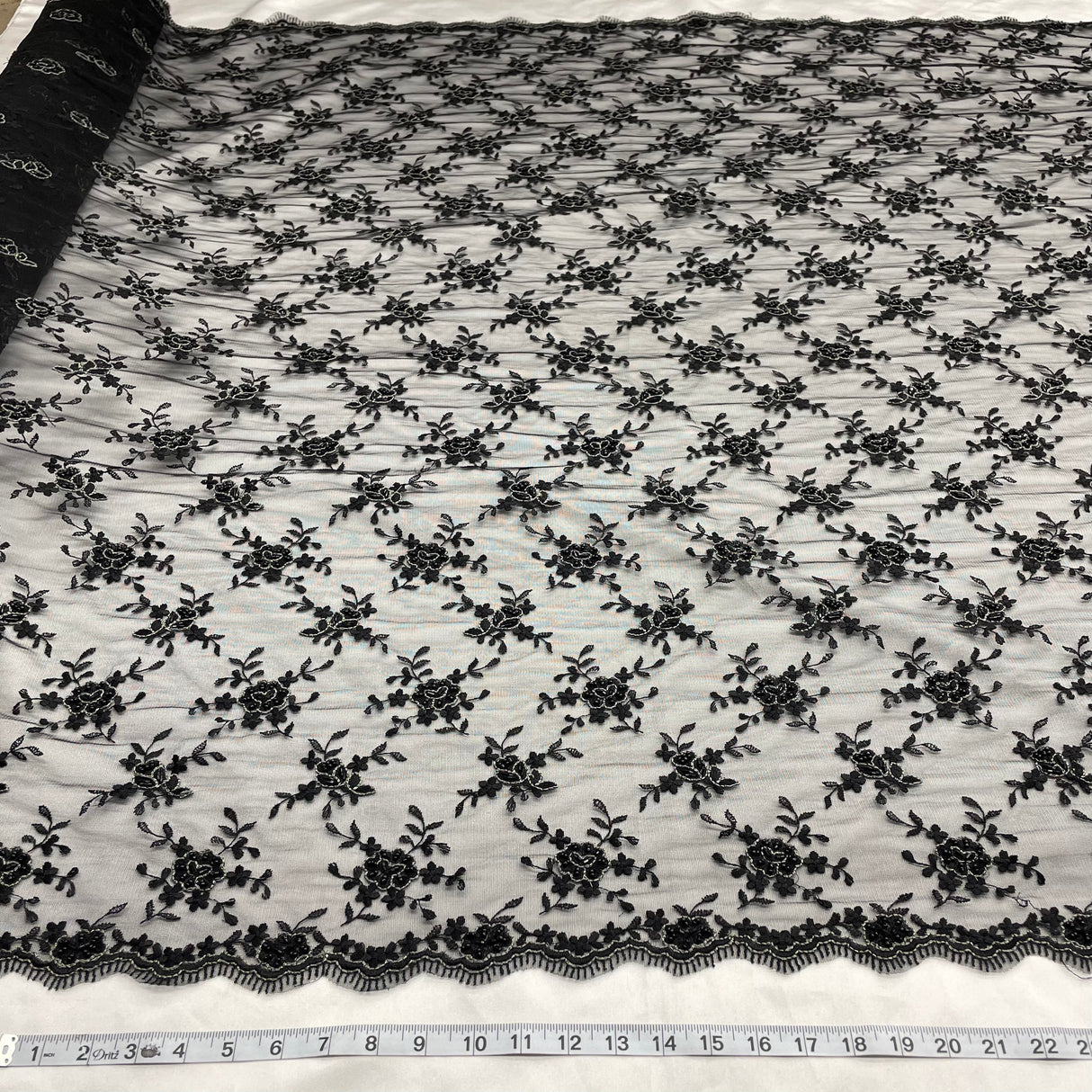 Beaded Lace Fabric Embroidered On 100 Percent Polyester Net Mesh - Black, 50" Width (1 Yard)