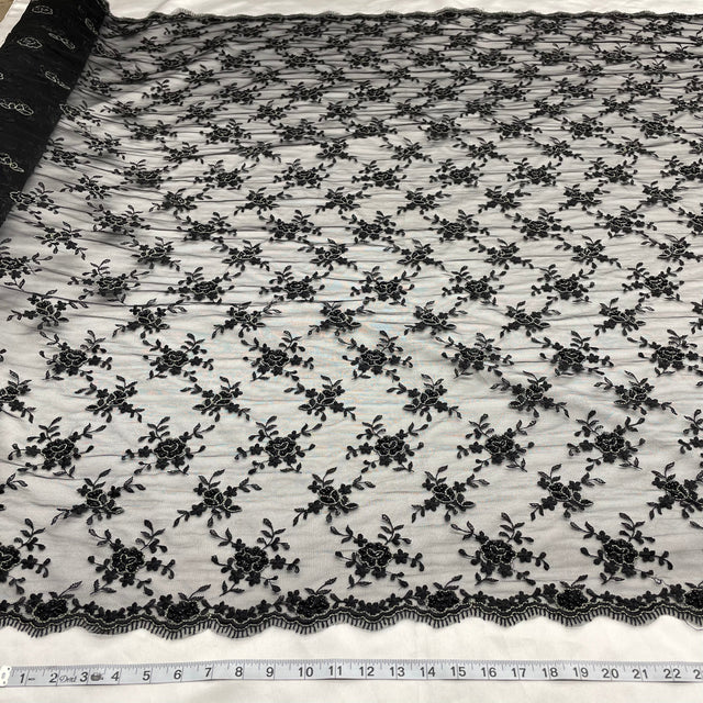 Beaded Lace Fabric Embroidered On 100 Percent Polyester Net Mesh - Black, 50" Width (1 Yard)