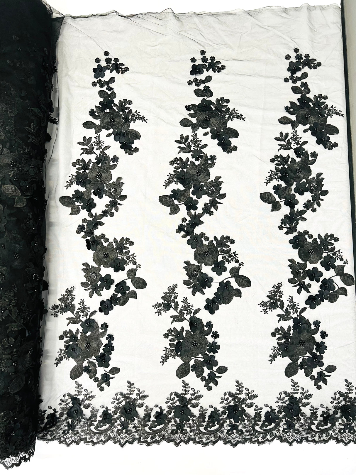 Scarlet 3D Floral Design Lace Fabric - Embroidered Beaded Mesh Lace, Double Scallop, 54" Width (1 Yard)