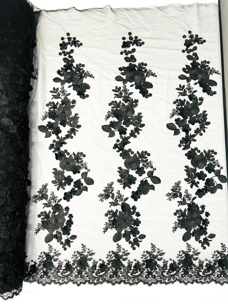 Scarlet 3D Floral Design Lace Fabric - Embroidered Beaded Mesh Lace, Double Scallop, 54" Width (1 Yard)