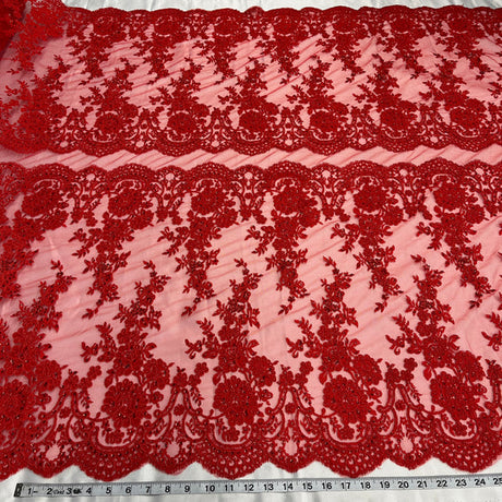 1 Yard Beaded Corded Bridal Lace Fabric Embroidered 100 Percent Polyester Net Mesh 48 inch Width
