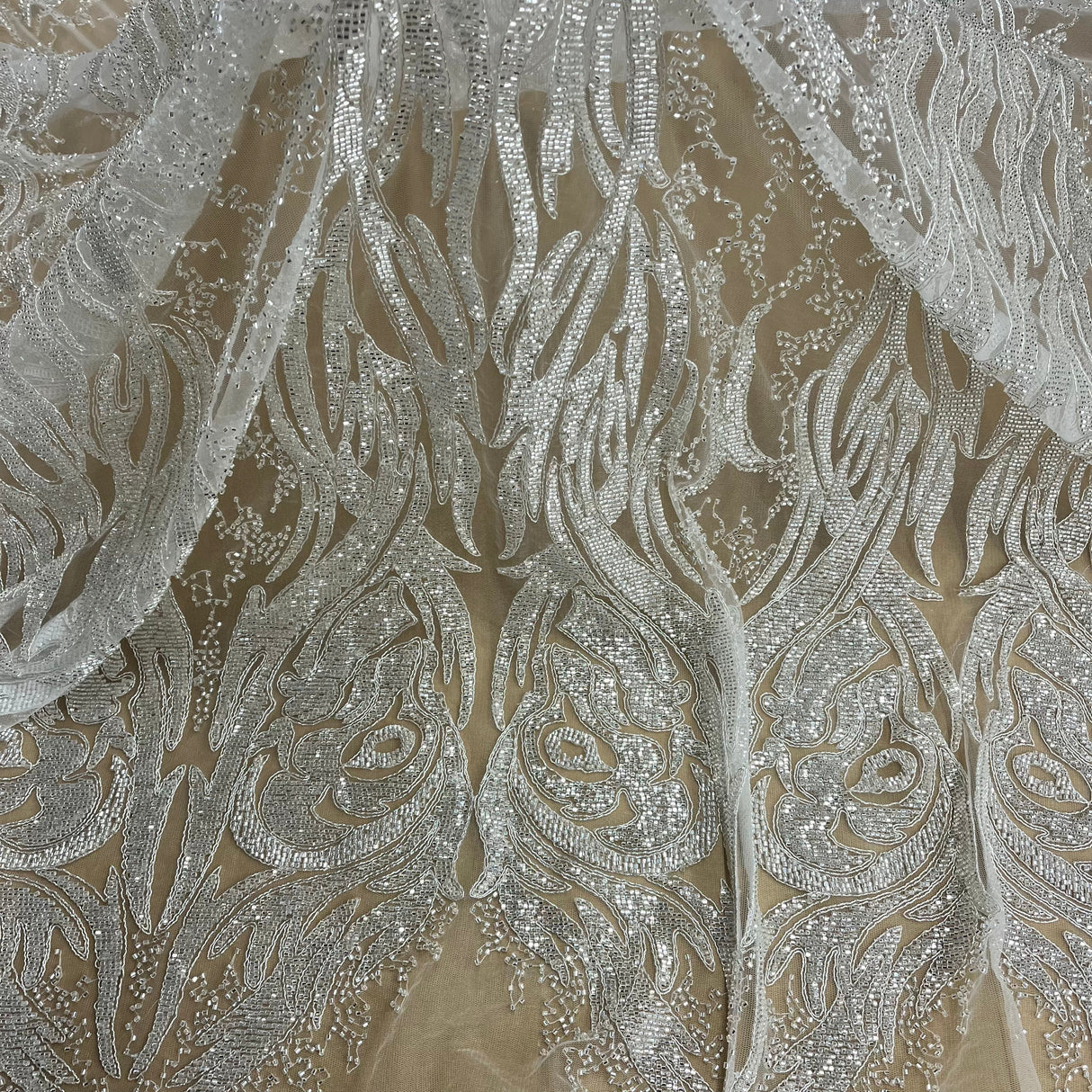 Beaded & Corded Bridal Lace Fabric - Embroidered 100 Percent Polyester Net Mesh, Ivory, Antique Silver, Gold, Silver, White, 58" Width (1 Yard)
