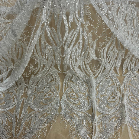 Beaded & Corded Bridal Lace Fabric - Embroidered 100 Percent Polyester Net Mesh, Ivory, Antique Silver, Gold, Silver, White, 58" Width (1 Yard)