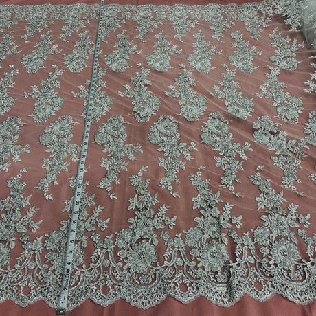 Beaded & Corded Bridal Lace Fabric - Embroidered, 100% Polyester Net Mesh, 53" Width (1 Yard)