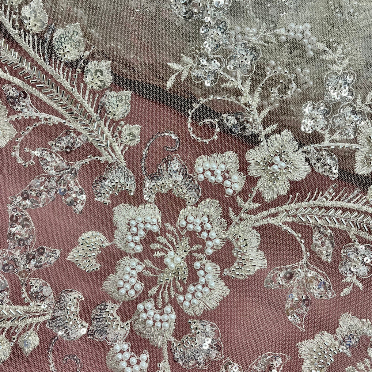 Beaded Lace Fabric on Polyester Net Mesh