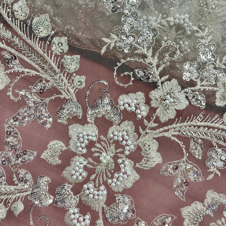 Beaded Lace Fabric on Polyester Net Mesh