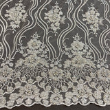 1 Yard Silver Beaded Lace Fabric Embroidered on Polyester Net Mesh Pearl Detail 51 Inch Width