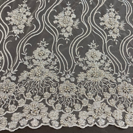 1 Yard Silver Beaded Lace Fabric Embroidered on Polyester Net Mesh Pearl Detail 51 Inch Width