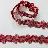 Beaded & Corded Lace Trimming Embroidered On 100 Percent Polyester Organza Fabric - Metallic Plum, 1.5" Width (1 Yard)