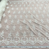 1 Yard - Beaded & Corded Lace Fabric Embroidered on 100% Polyester Net Mesh - Ivory - 53"