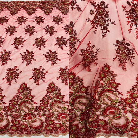 Beaded Sequined Lace Fabric - Black/Gold, Red/Gold, 52" Width (1 Yard)