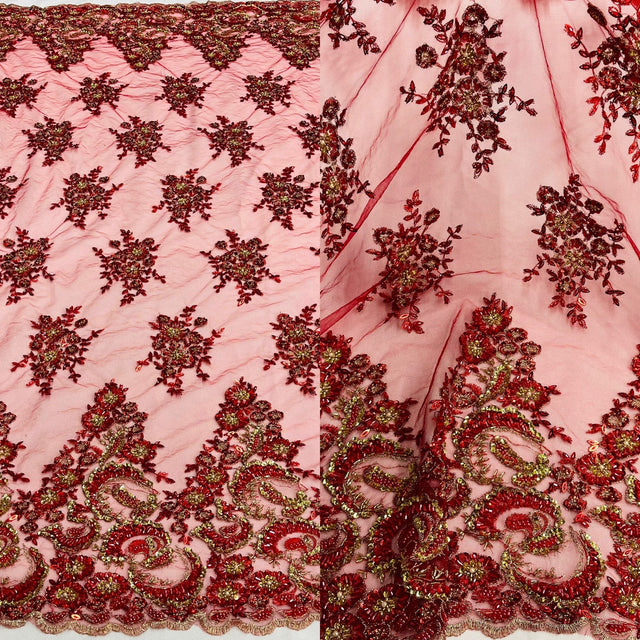 Beaded Sequined Lace Fabric - Black/Gold, Red/Gold, 52" Width (1 Yard)